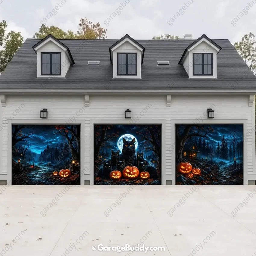 Witching Whiskers | Black Cat Halloween Garage Door Cover