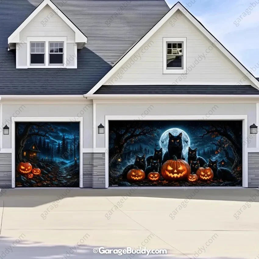 Witching Whiskers | Black Cat Halloween Garage Door Cover