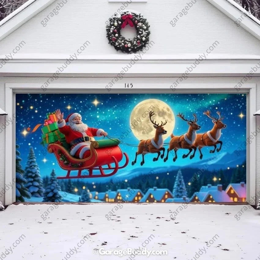 Santa's Flight (Glow) | Christmas Garage Door Cover